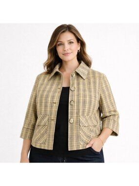 St John Womens Technical Plaid Jacket Wool Blend Button Front Tan Size 14